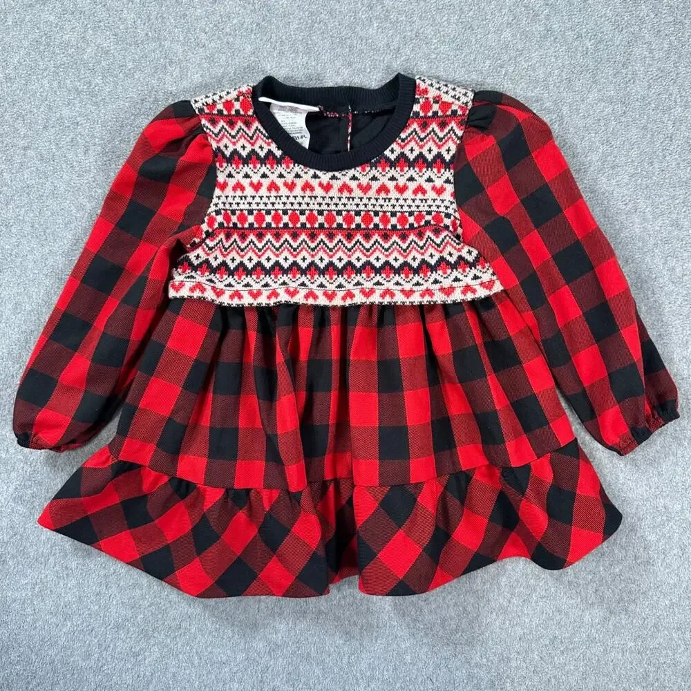 Bonnie Jean Buffalo Plaid Dress Size 2T Red Knit Ruffle Hem Long Sleeve